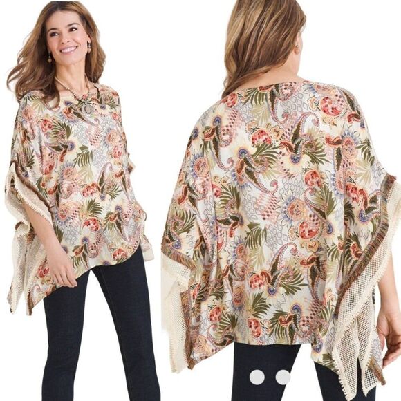 Chico's Multi-Print Poncho Top Blouse S/M Multicolor Oversized Fringed Boho - Picture 2 of 15